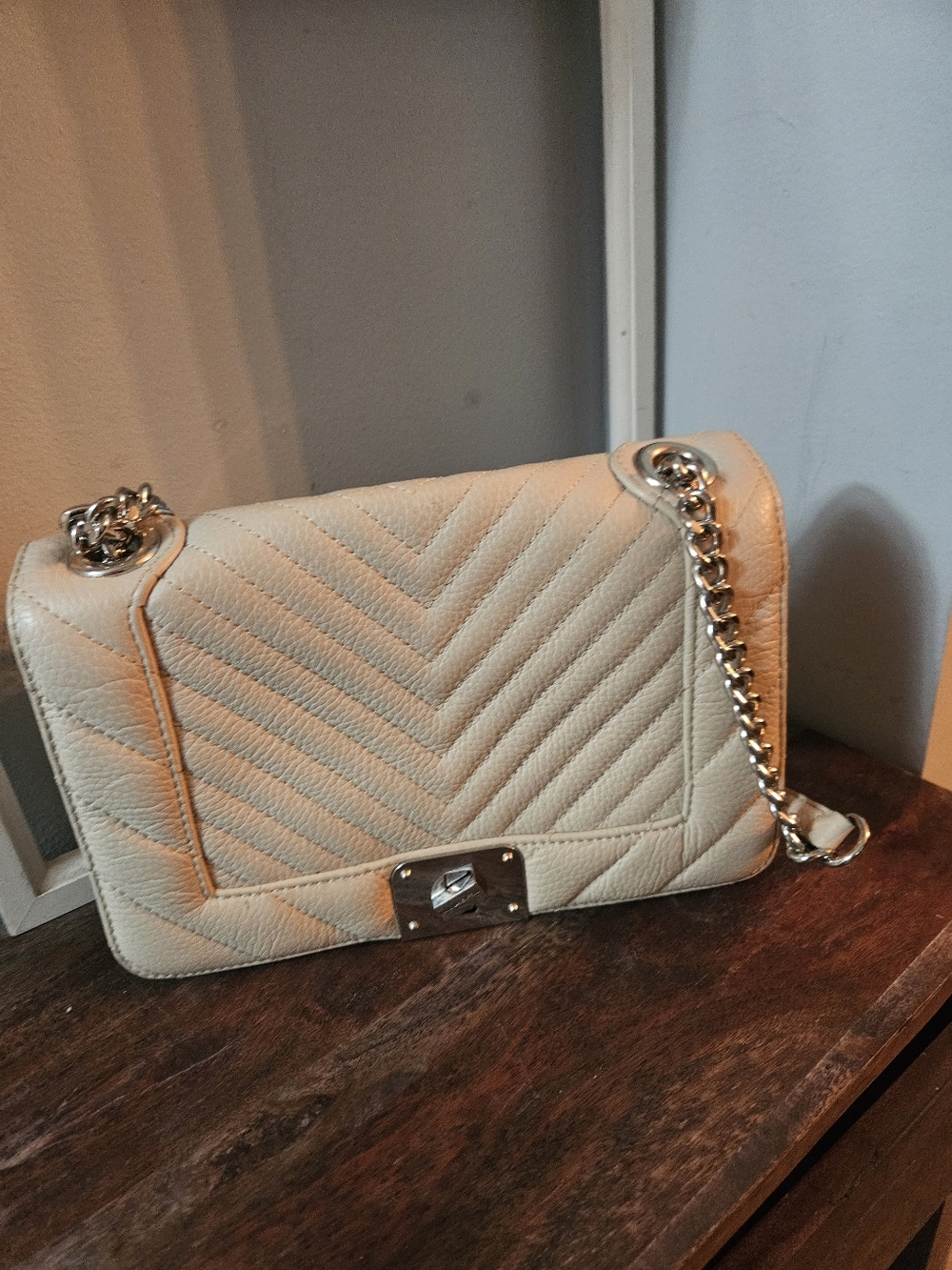Karl Lagerfield Cream Quilted Chevron Chain Shoulder Bag